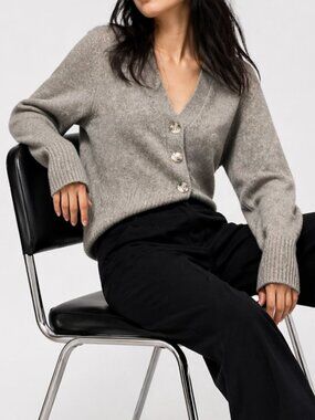 RACHEL ZOE Button Cardigan Sweater Front Raw Hem Gray Medium